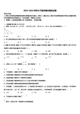 广东阳江市阳春八甲中学2024年七年级数学第二学期期末质量检测模拟试题含解析.doc